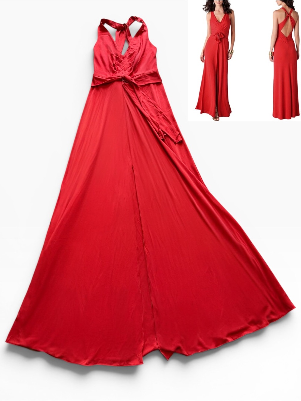 BCBG Sophia Maxi Dress Gown High Slit Open Back V Neck Paprika Red Size Medium